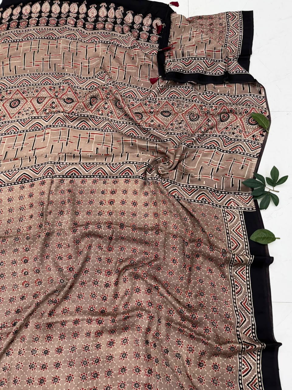 Natural Colour Ajrakh Hand Block Printed Modal Silk Saree