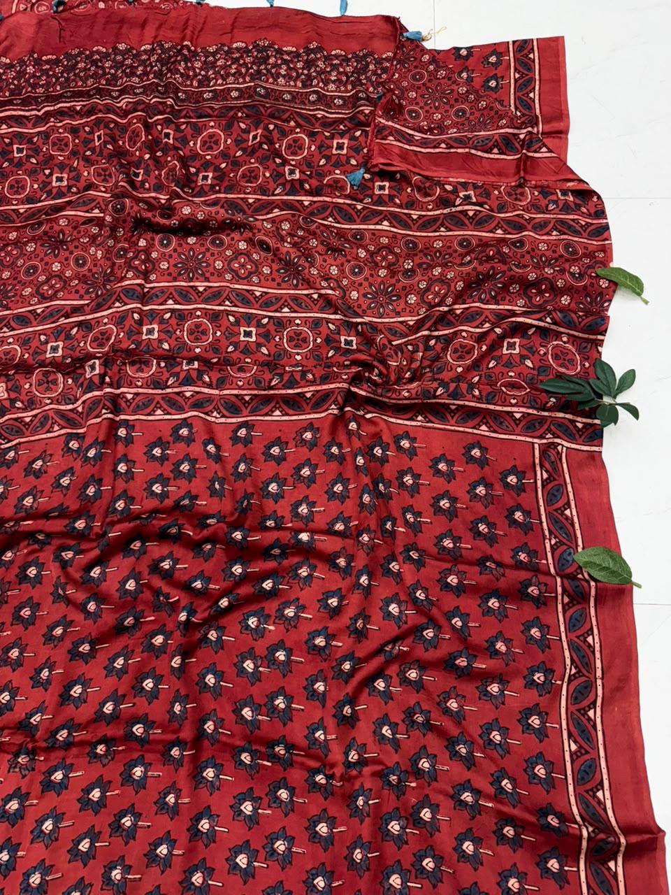 Natural Colour Ajrakh Hand Block Printed Modal Silk Saree