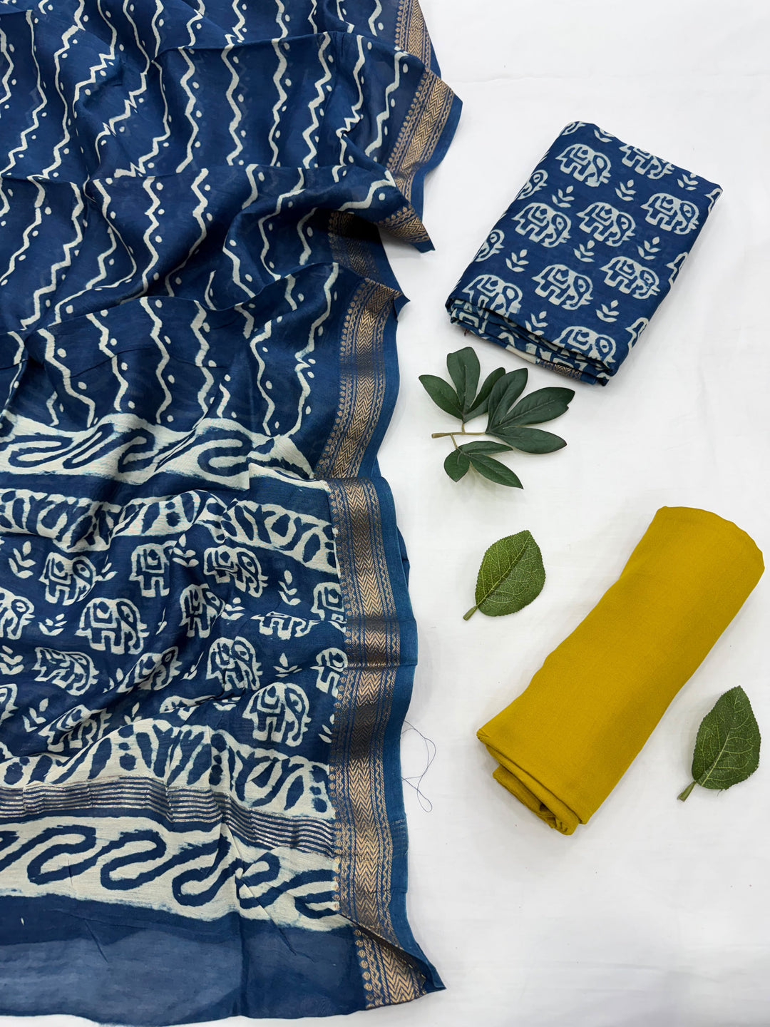 Dabu Print Indigo Maheshwari Silk Suit Set .