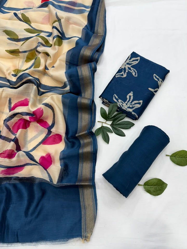 Batik Print Maheshwari Silk Suit Set with Hand-Painted Dupatta