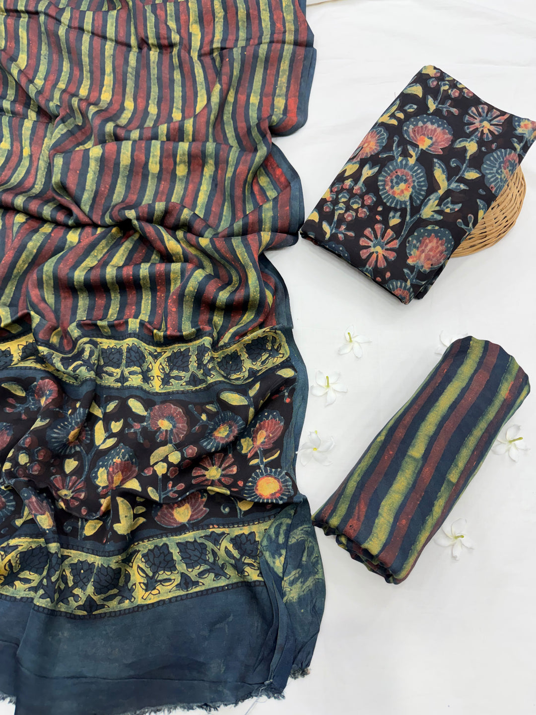 Natural Earthy Pomegranate Peel Dye Hand Block Print Modal Silk Suit Set .