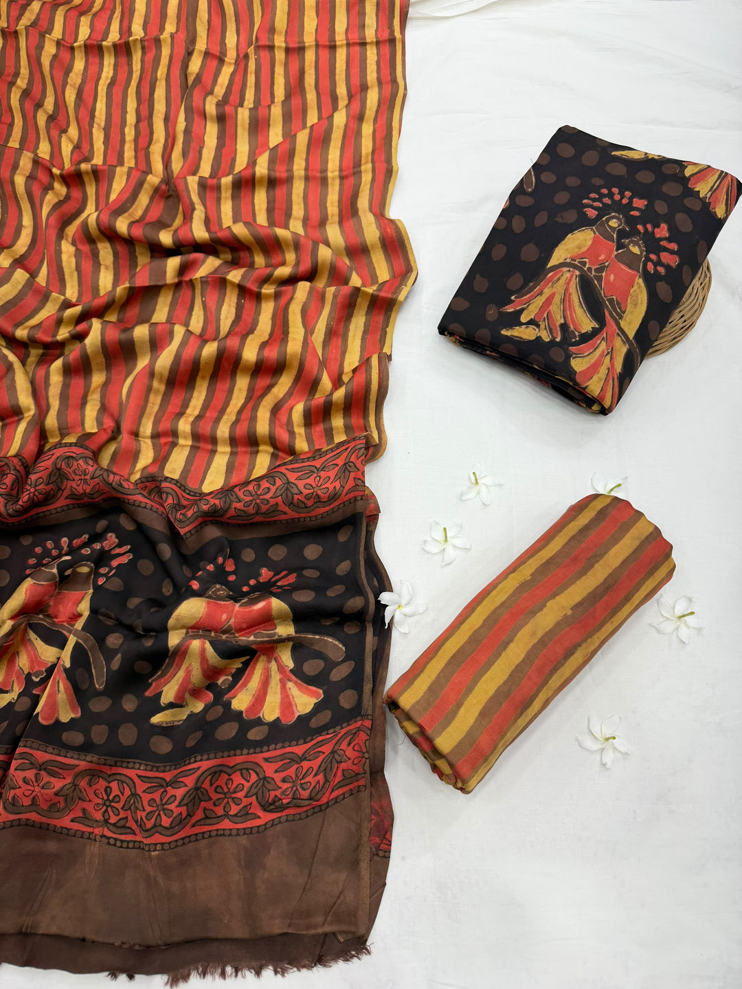 Natural Earthy Pomegranate Peel Dye Hand Block Print Modal Silk Suit Set .