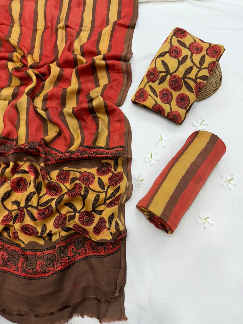 Natural Earthy Pomegranate Peel Dye Hand Block Print Modal Silk Suit Set .
