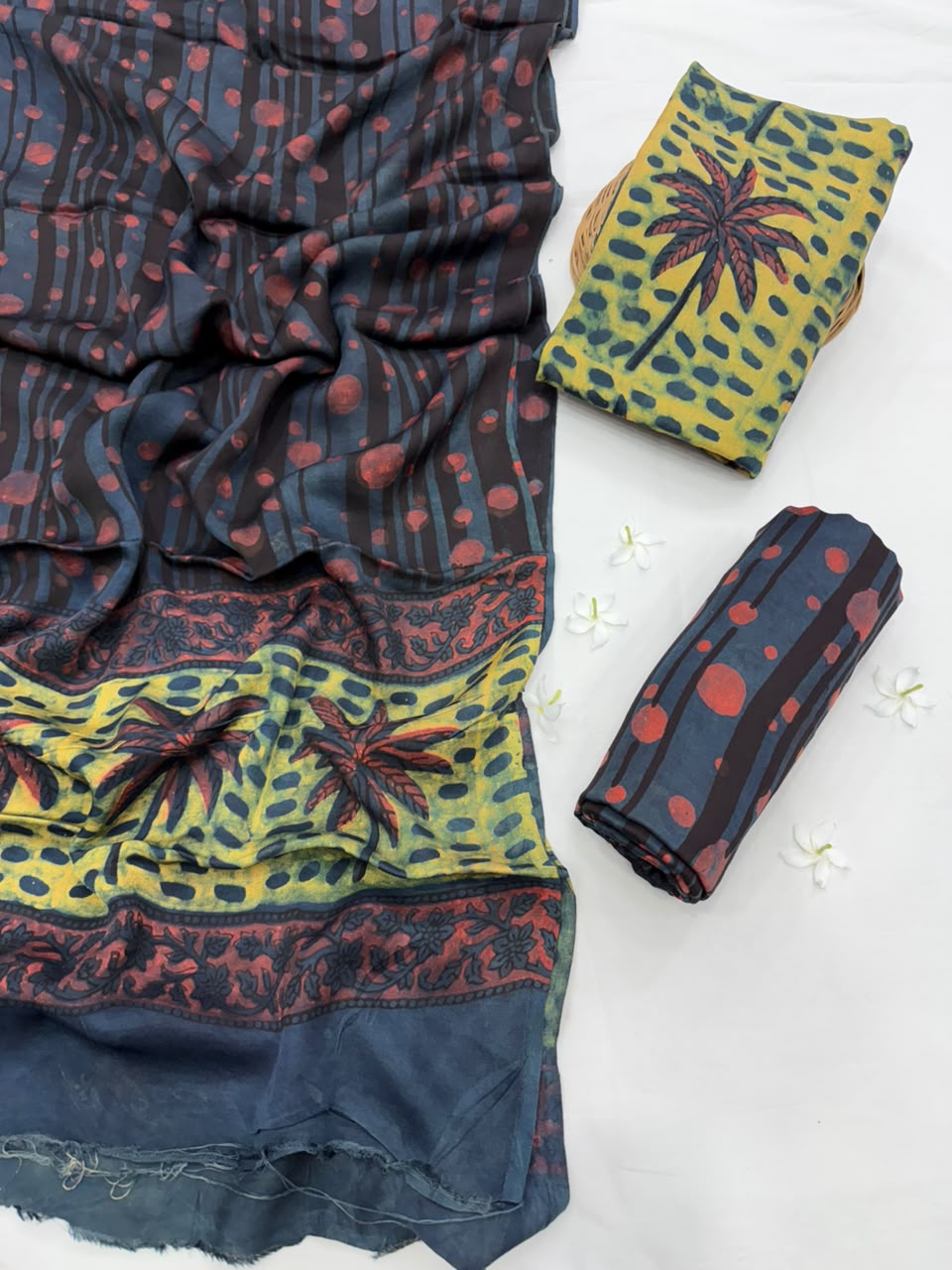 Natural Earthy Pomegranate Peel Dye Hand Block Print Modal Silk Suit Set .
