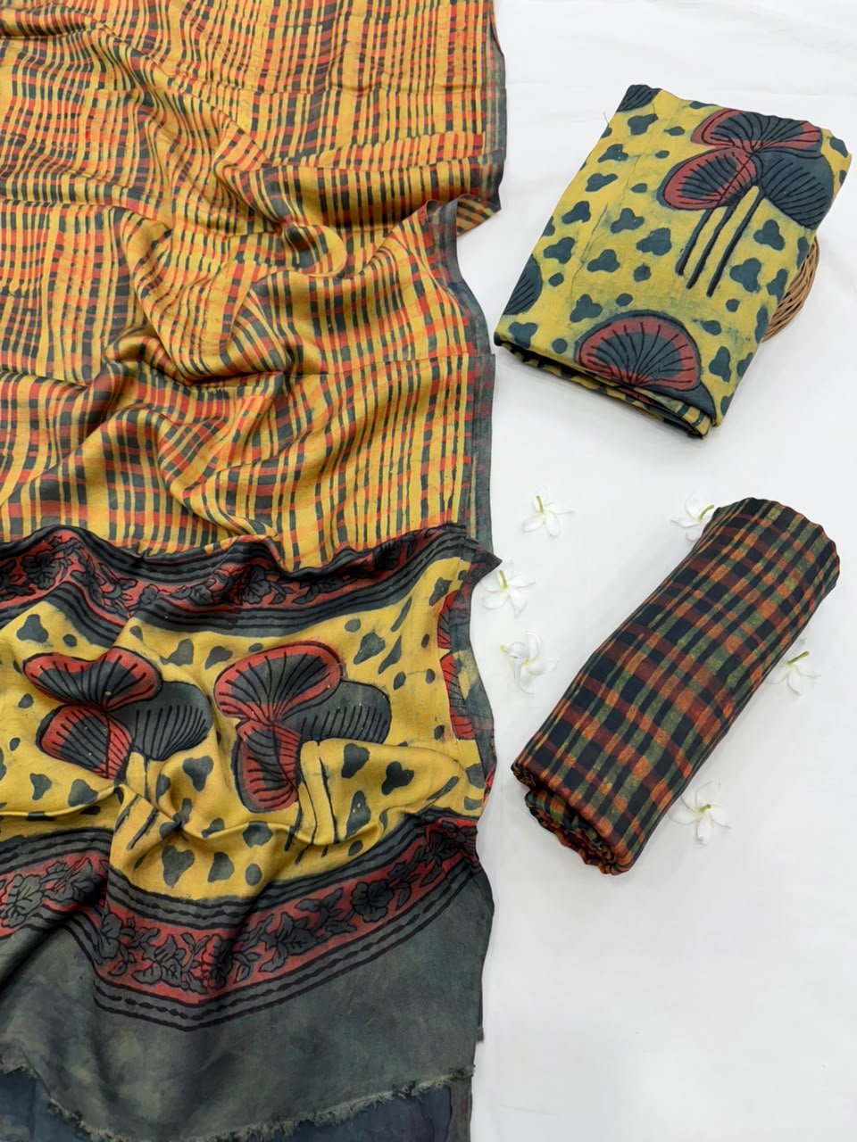 Natural Earthy Pomegranate Peel Dye Hand Block Print Modal Silk Suit Set .