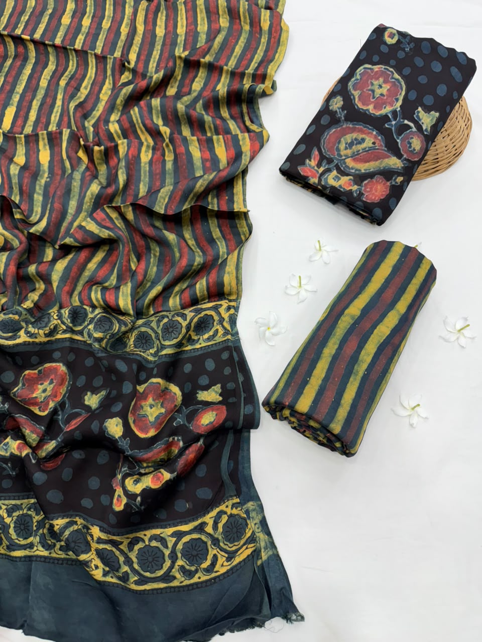 Natural Earthy Pomegranate Peel Dye Hand Block Print Modal Silk Suit Set .