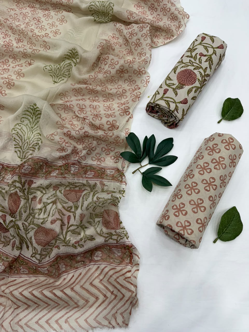 Bagru Printed Cotton Suit With Chiffon Dupatta