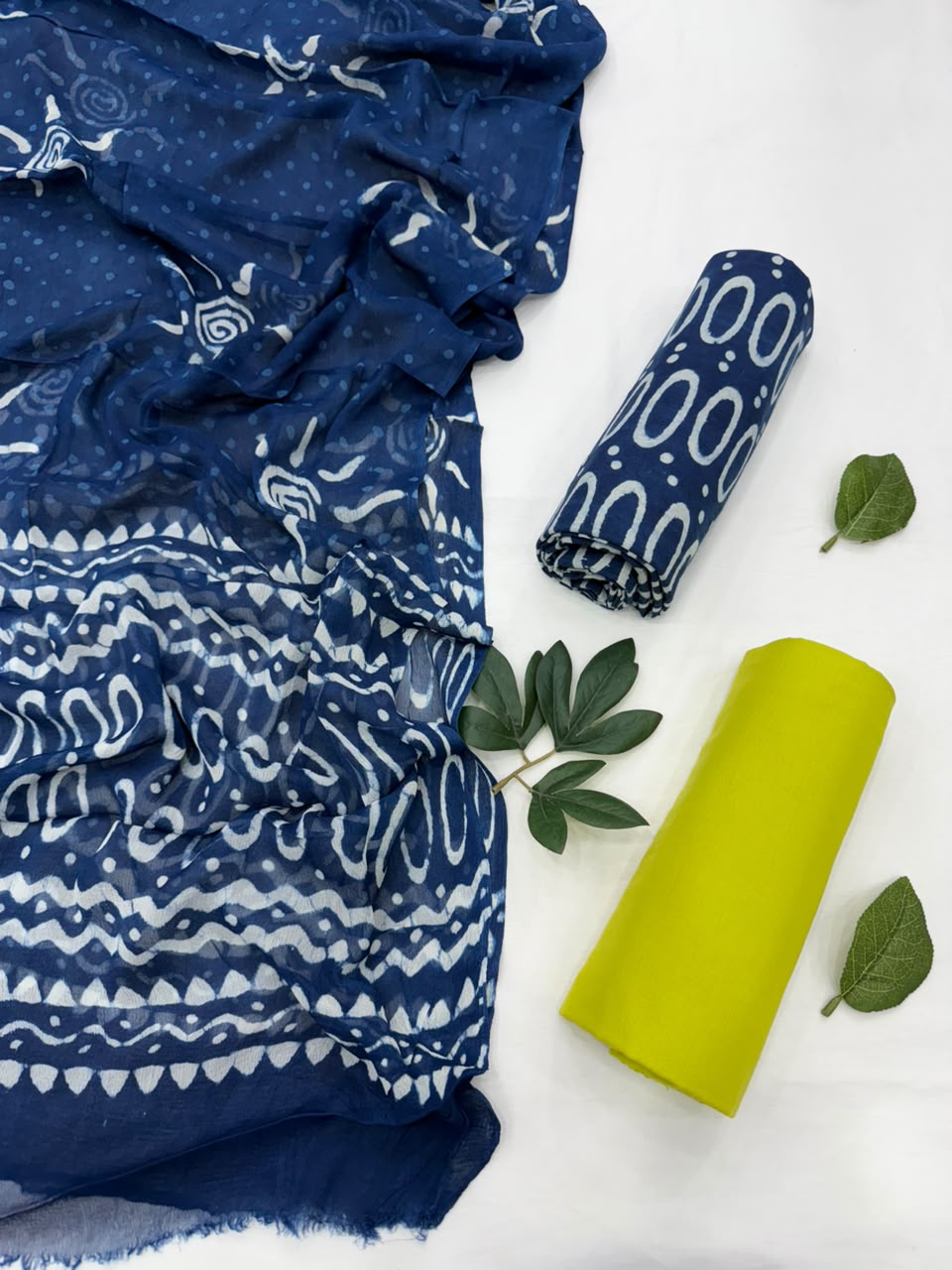 Indigo dabu Cotton Suit With Chiffon Dupatta