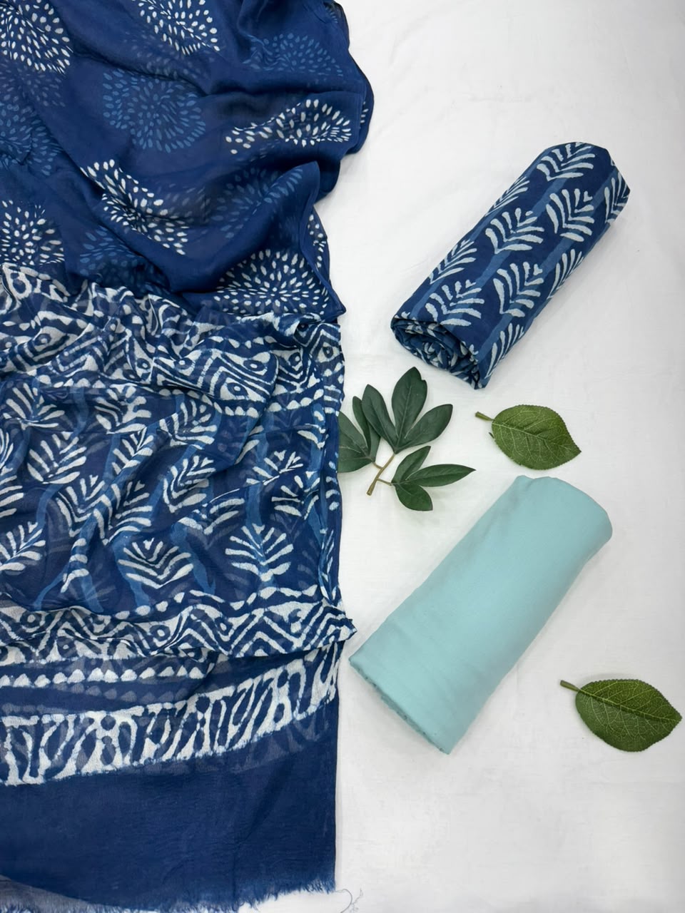 Indigo dabu Cotton Suit With Chiffon Dupatta