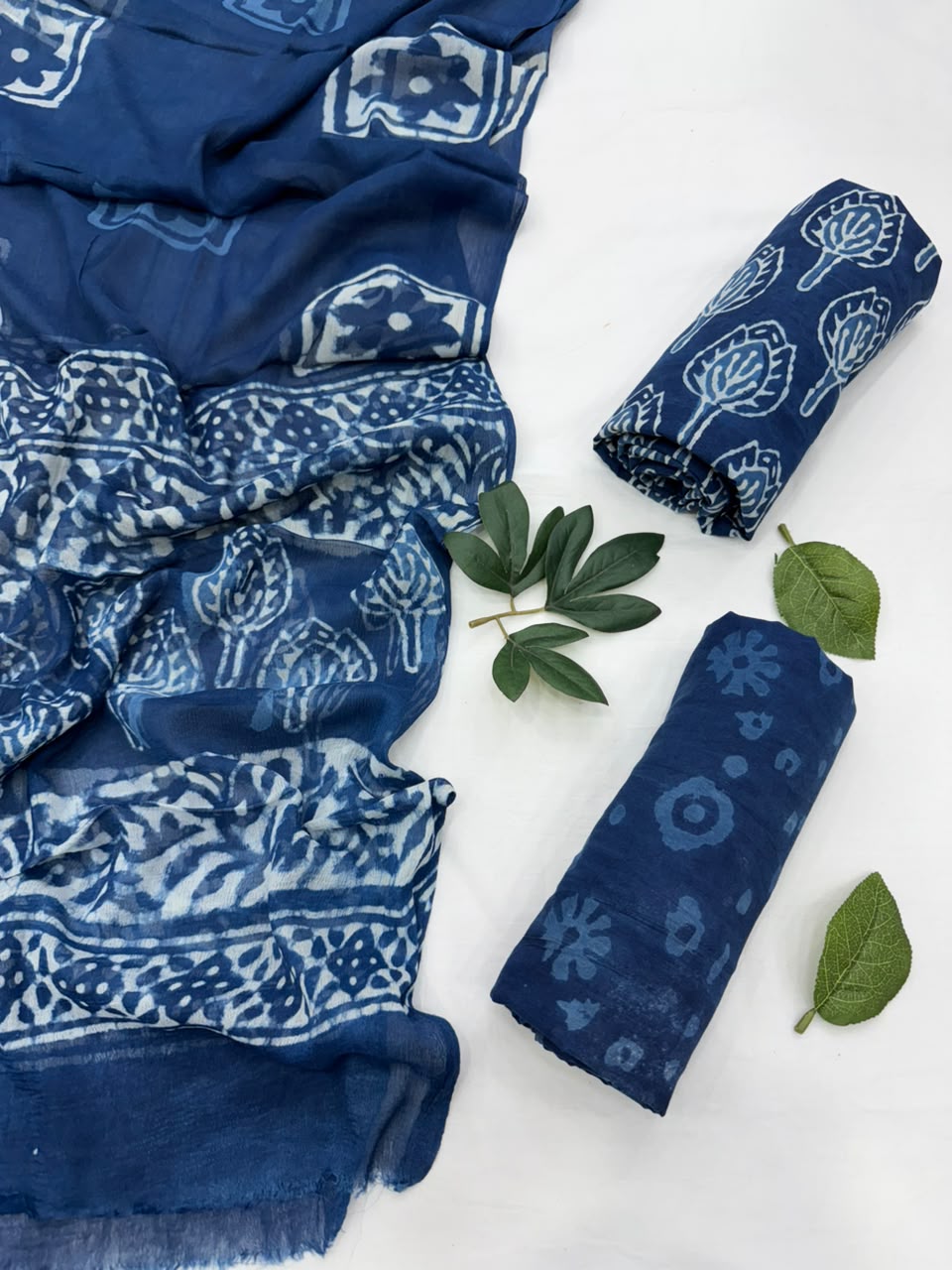 Indigo Dabu Cotton Suit With Chiffon Dupatta