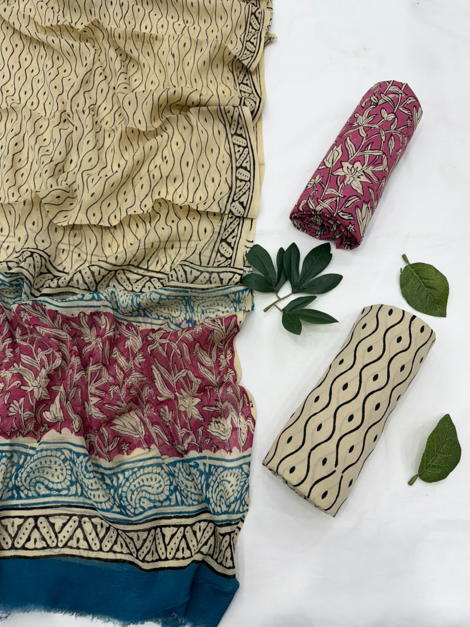Block Printed Cotton Suit With Chiffon Suit