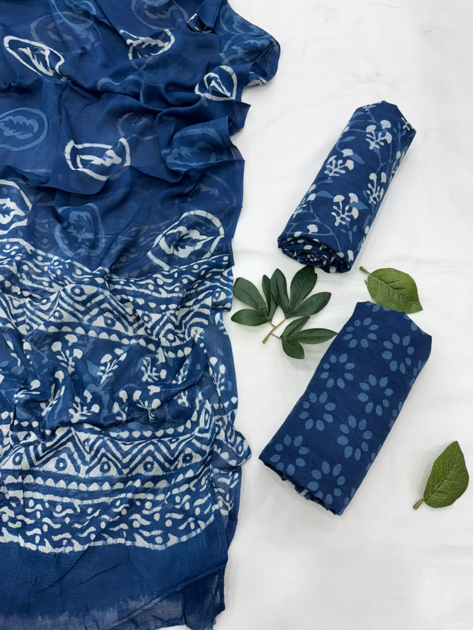 Indigo dabu Cotton Suit With Chiffon Dupatta
