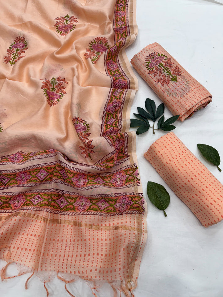 Bagru Handblock Mustard Bird Print Chanderi Silk Suit Set