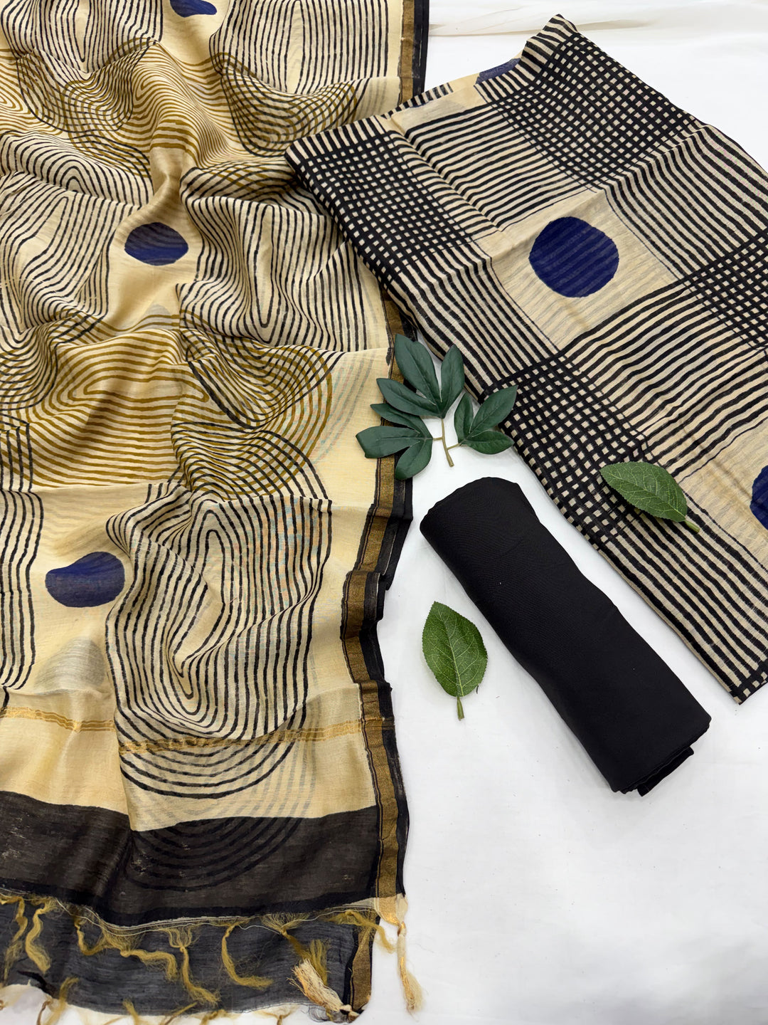 Bagru Polka Dot Print Chanderi Silk Suit Set