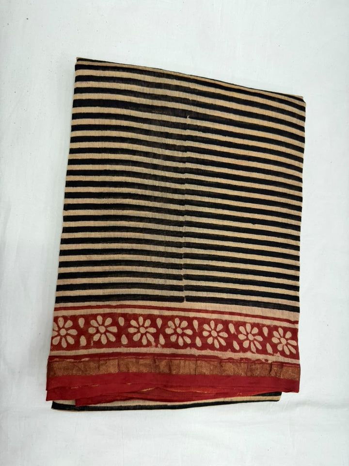 Stripe Print Bagru Hand Block Printed Chanderi Silk Suit Set