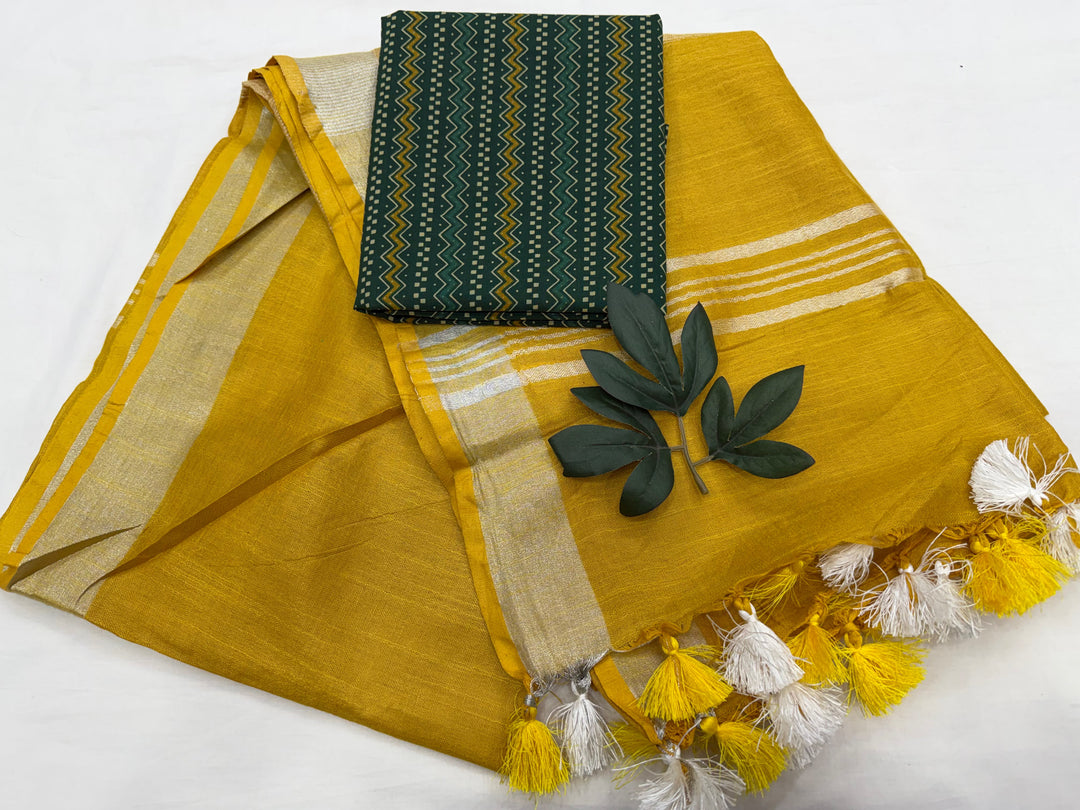 Casual cotton linen saree with printed cotton blouse