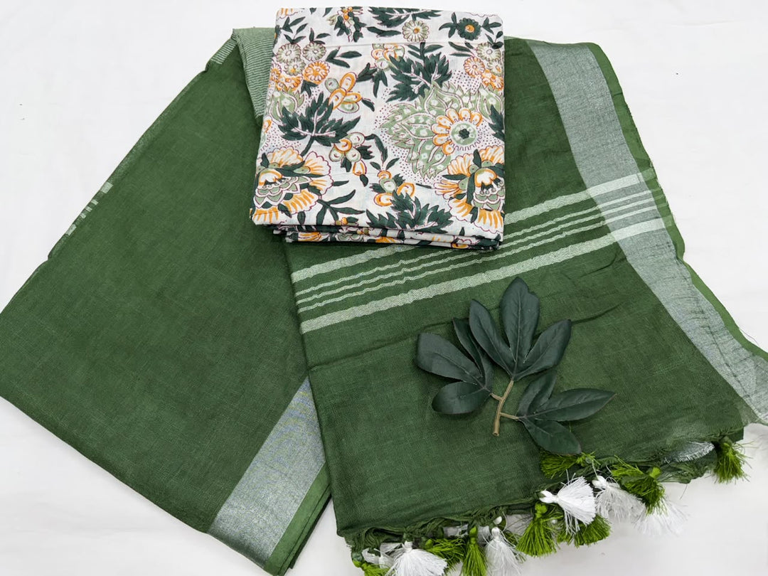 Beautiful Cotton Linen Saree With Printed Cotton Blouse