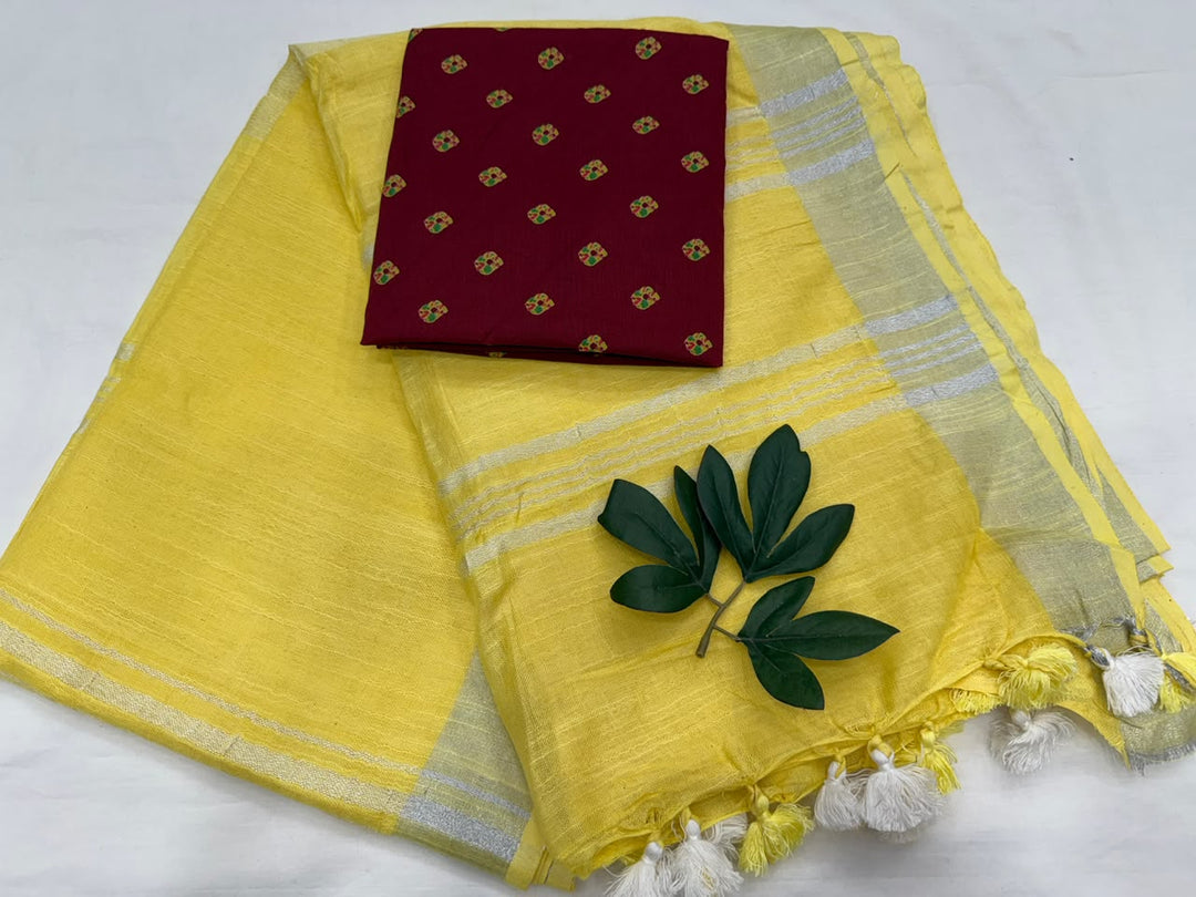 Cotton Linen saree with printed cotton blouse