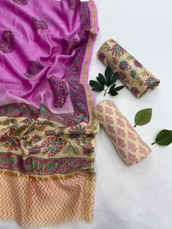 Hand Block Printed Floral Pure Chanderi Silk Suit Set