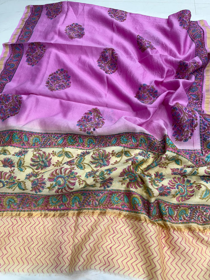 Hand Block Printed Floral Pure Chanderi Silk Suit Set