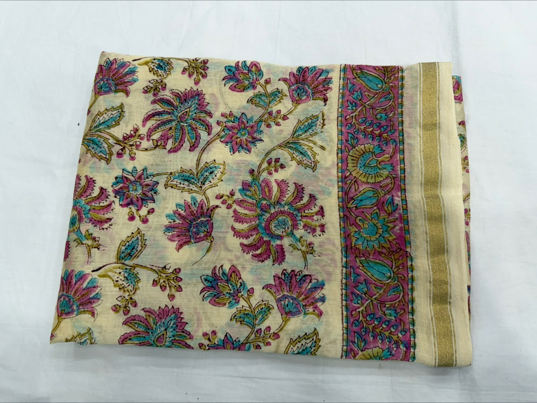 Hand Block Printed Floral Pure Chanderi Silk Suit Set