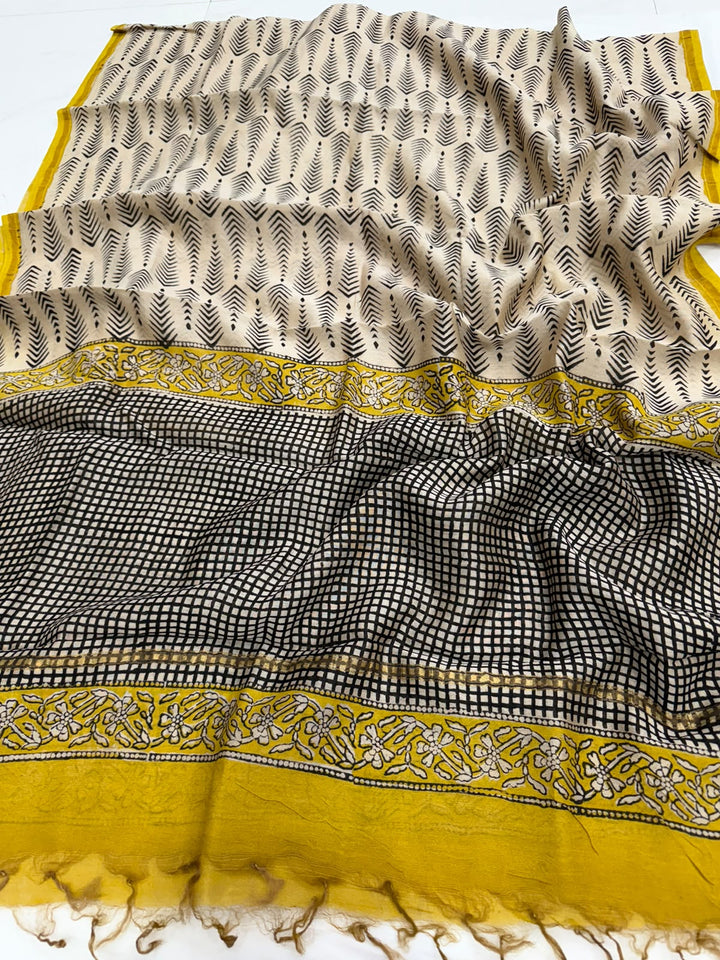 Bagru Handblock Geometric Check Chanderi Silk Suit Set