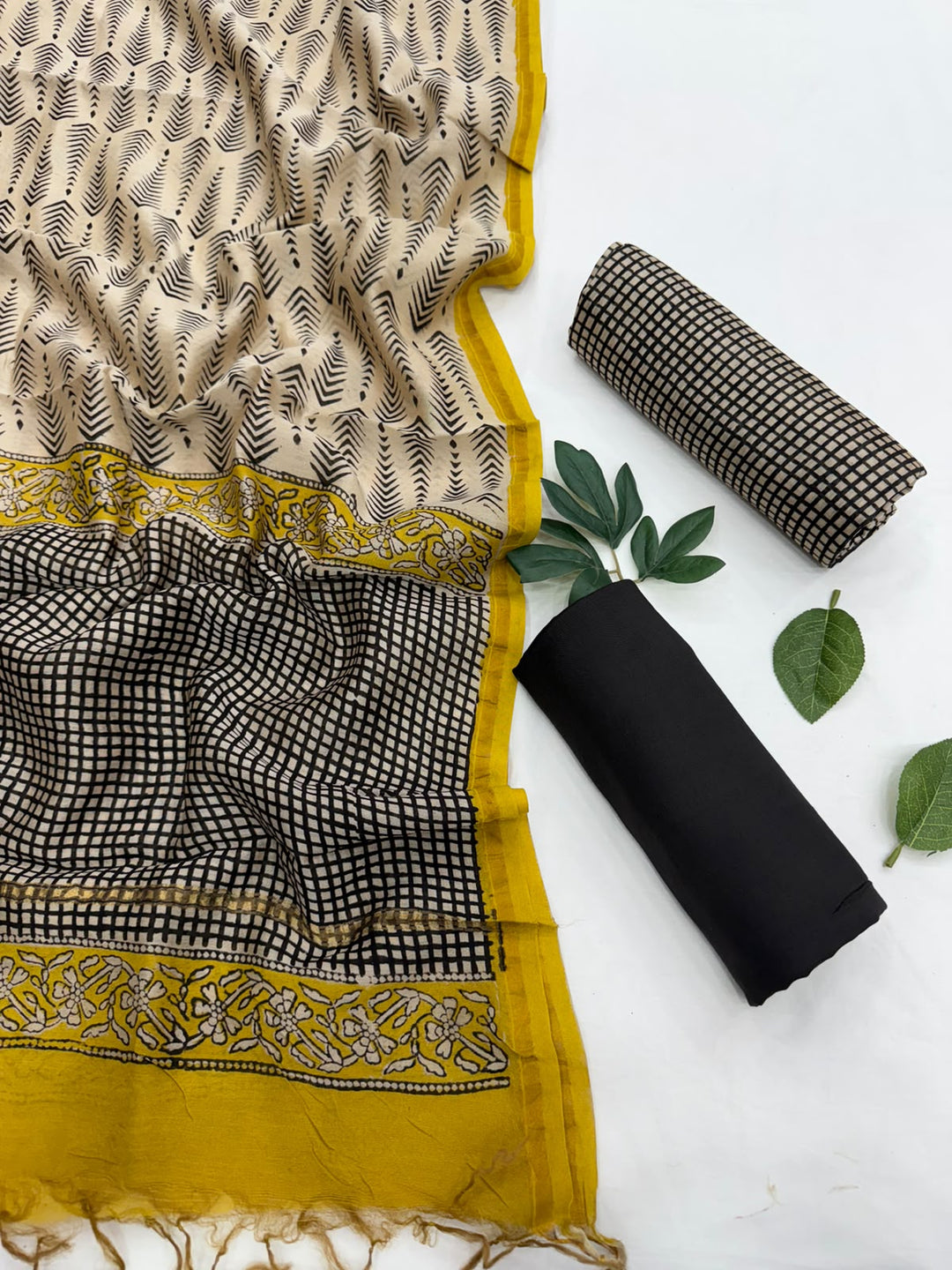 Bagru Handblock Geometric Check Chanderi Silk Suit Set