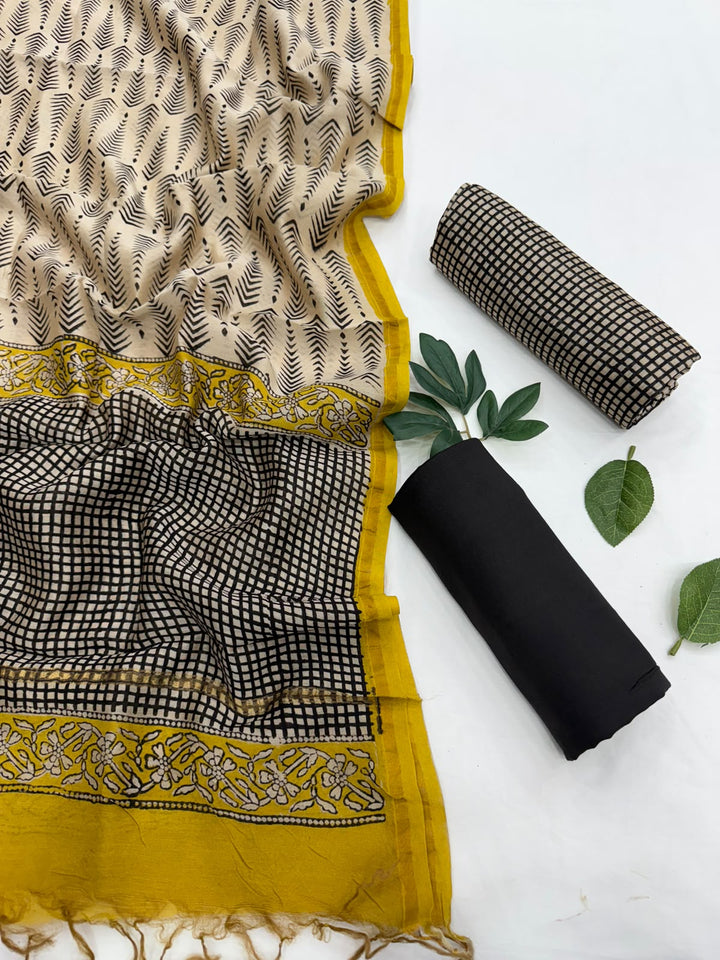 Bagru Handblock Geometric Check Chanderi Silk Suit Set