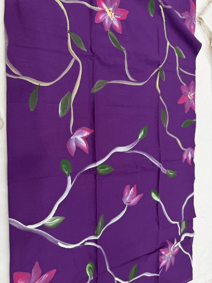 Hand Painted Cotton Suit Set With Mulmul Dupatta