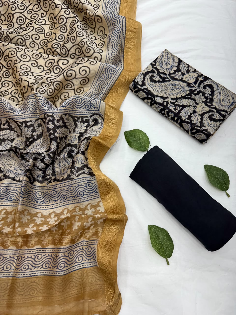 Bagru Paisley Hand Block Print Maheshwari Silk Suit Set .