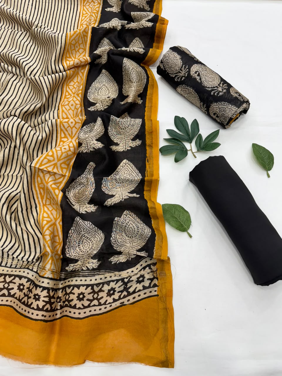 Handblock printed black, mustard, and white Chanderi silk suit fabric set with traditional motifs and border