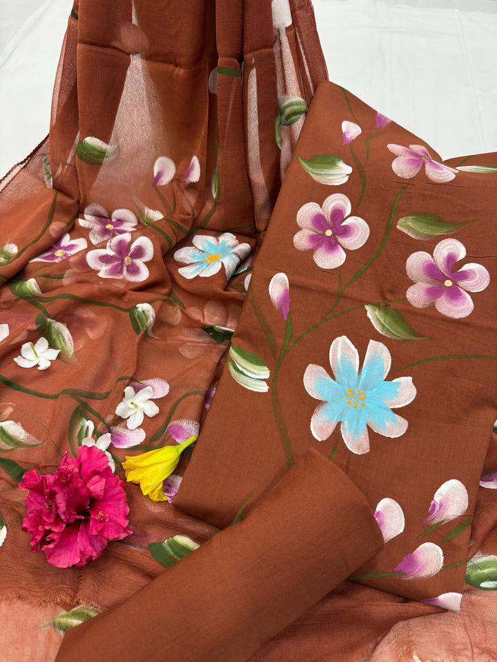 Bagru Hastkala Cotton Suit With Chiffon Suit