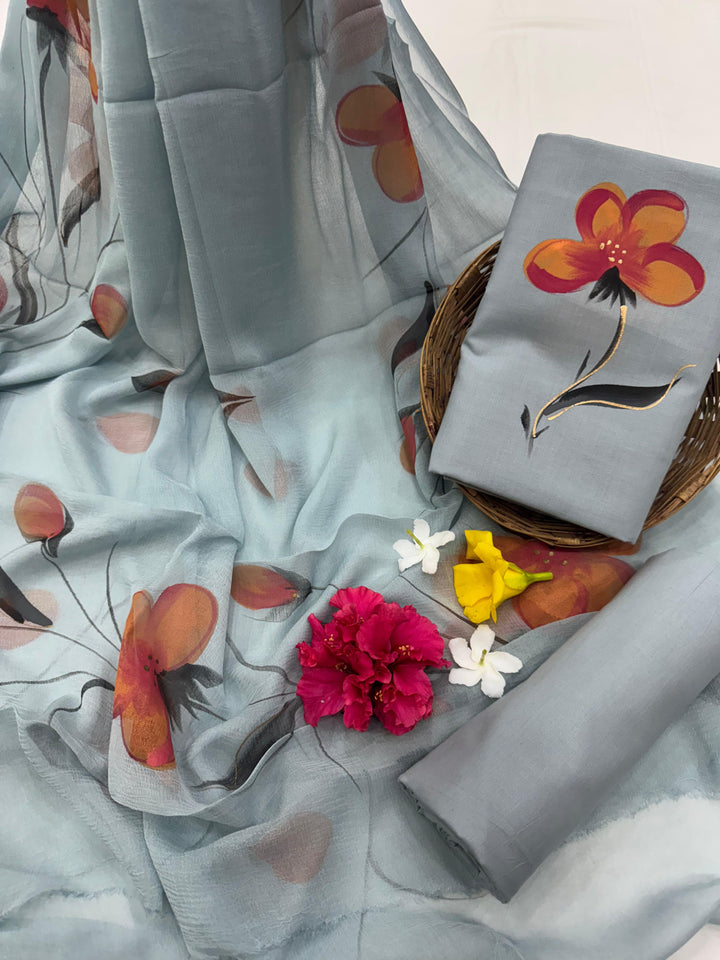 Hand Painted Cotton Suit With Chiffon Dupatta