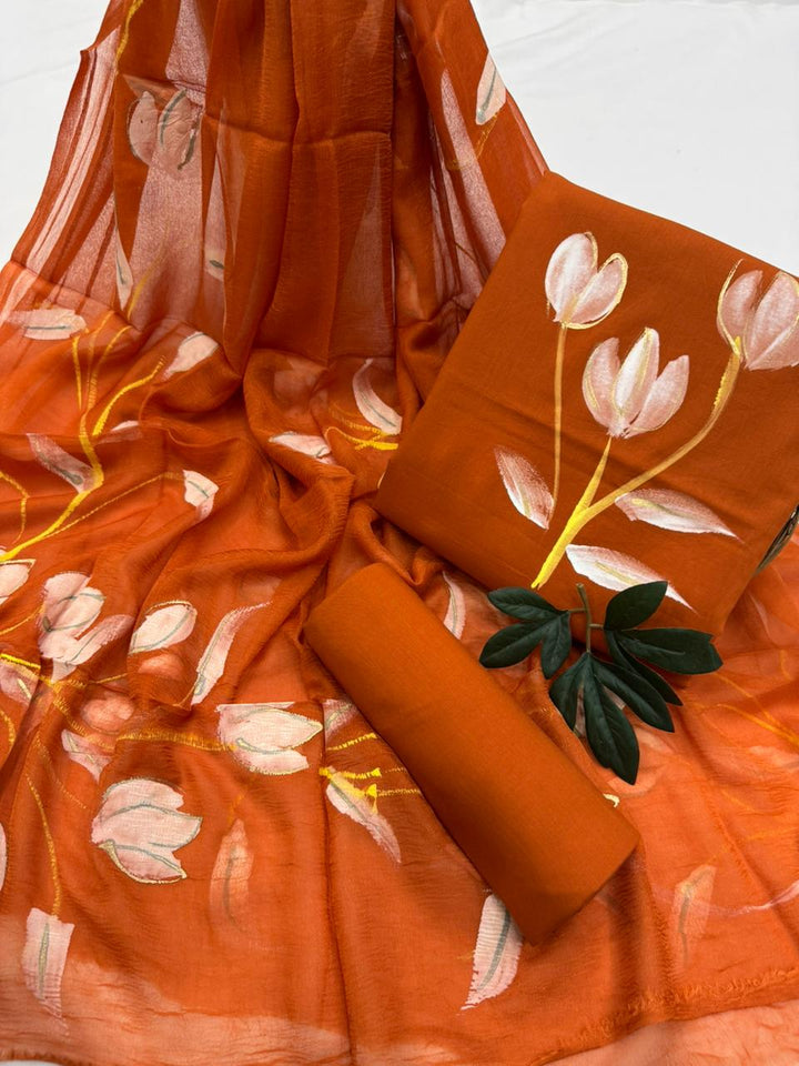 Hand Painted cotton suit chiffon dupatta