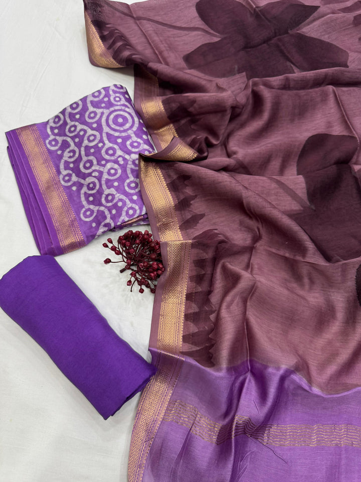 Hand Block Printed Maheshwari Silk Suit.