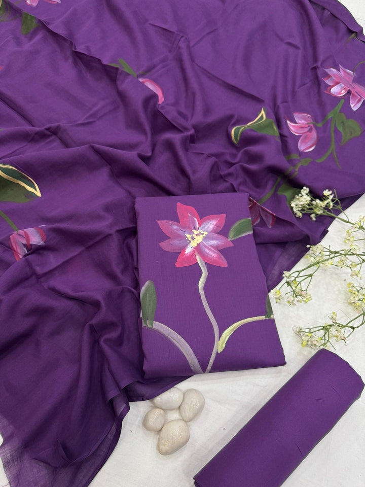 Hand Painted Cotton Suit Set With Mulmul Dupatta