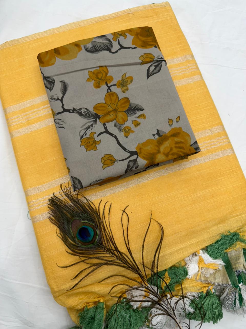 Handloom Cotton linen saree with printed cotton blouse