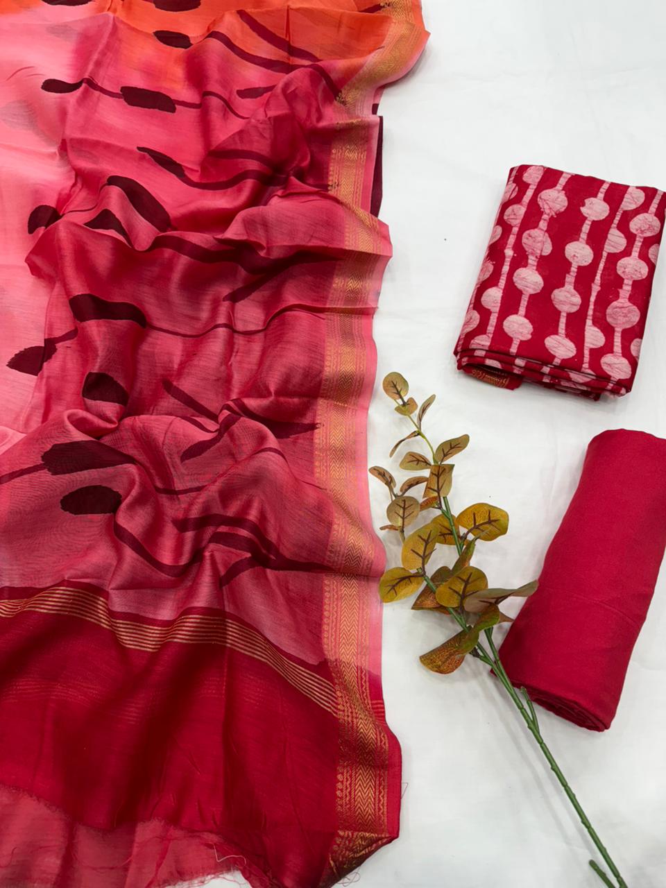 Hand Block Printed Maheshwari Silk Suit