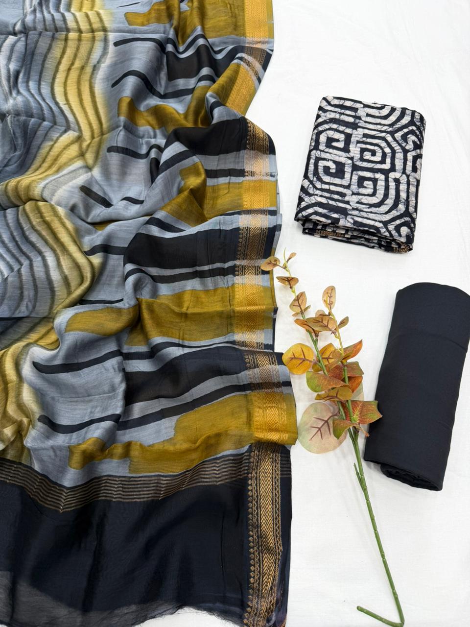 Hand Block Printed Maheshwari Silk Suit with Maheshwari Silk Dupatta.