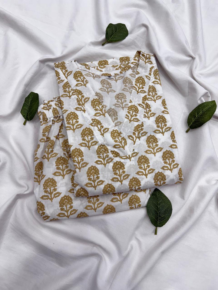 Cotton White Buti Print Top & Bottom Set.