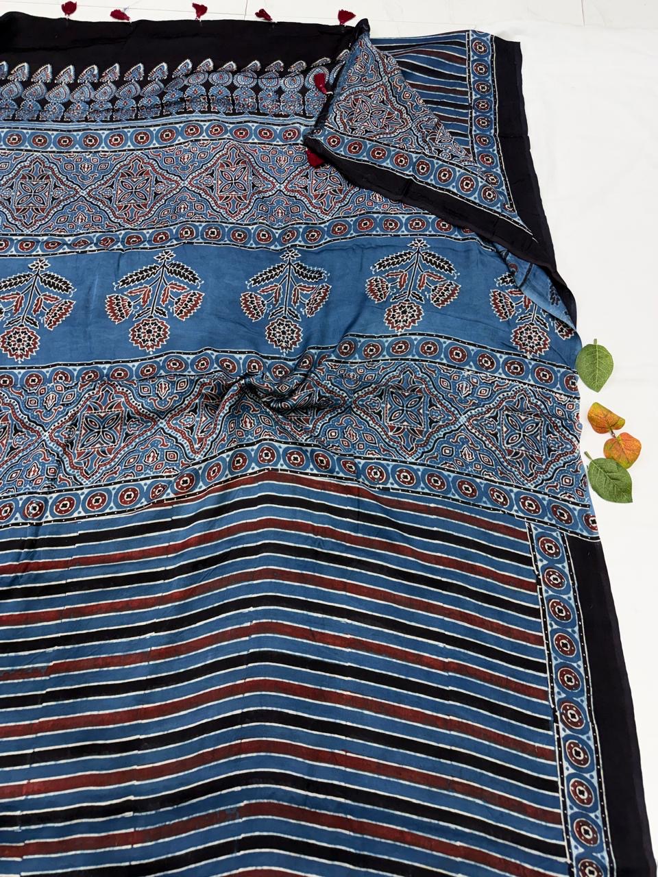 Indigo Dye Ajrakh Modal Silk Saree | Hand Block Printed | Natural Indigo