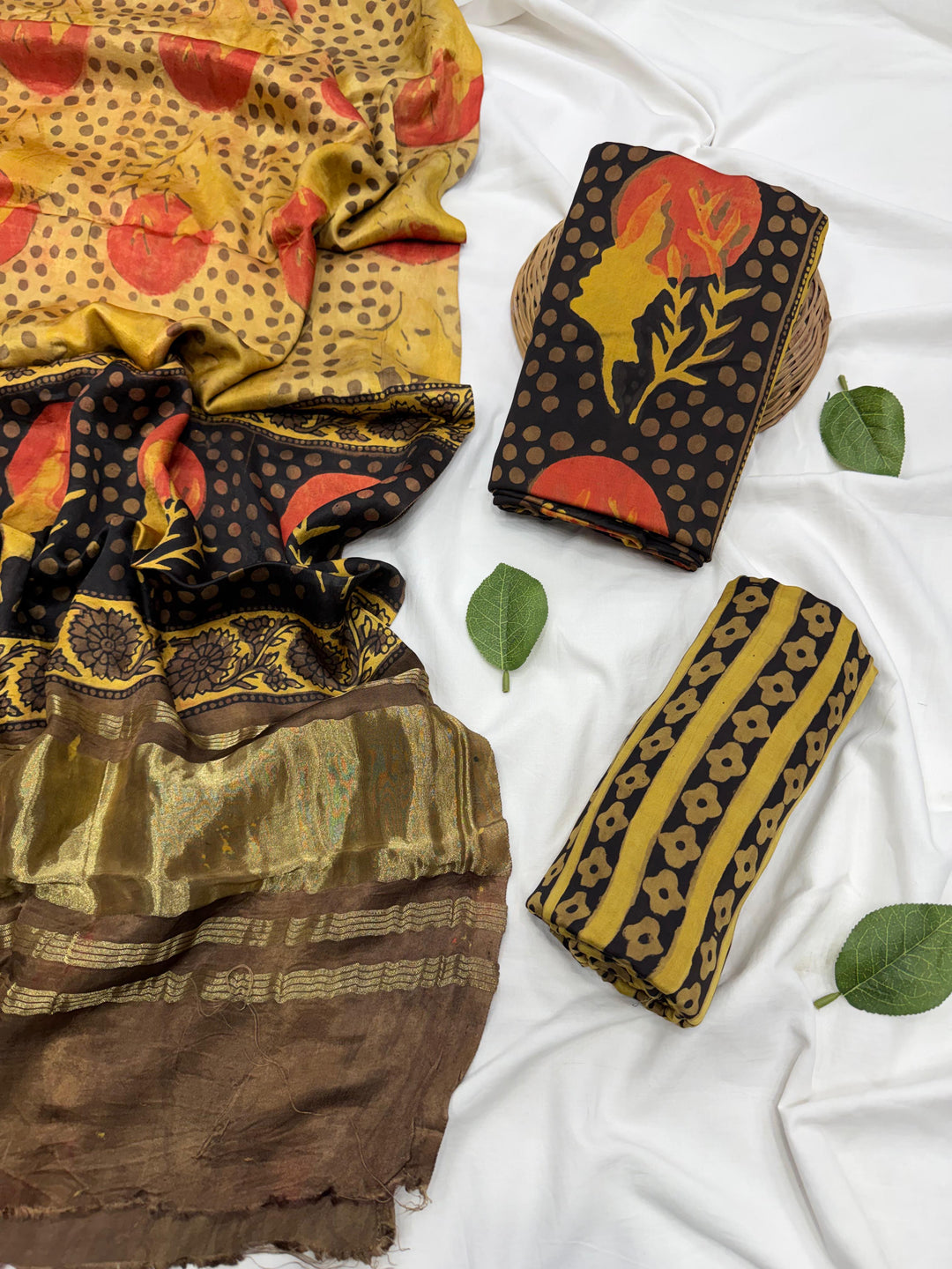 Natural Brown Pomegranate Dye Hand Block Print Modal Silk Suit Set.