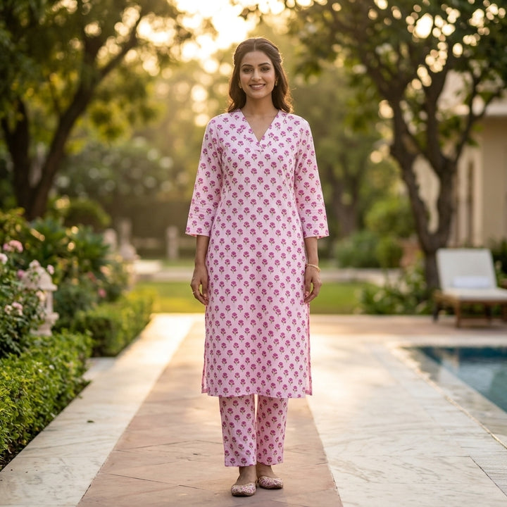 Smiling woman posing outdoors in a baby pink cotton kurta and matching straight pants set with small floral prints.