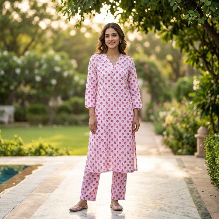 Smiling woman posing outdoors in a baby pink cotton kurta and matching straight pants set with small floral prints.