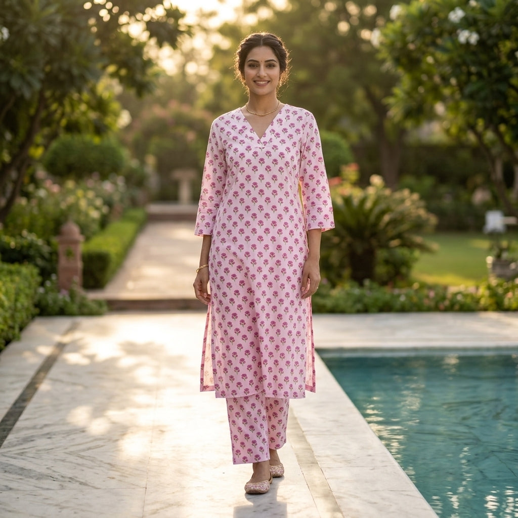 Smiling woman posing outdoors in a baby pink cotton kurta and matching straight pants set with small floral prints.