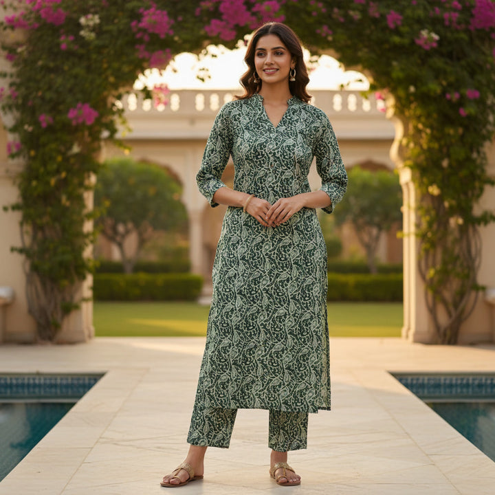 Ek hansti hui model ne green color ka Bagru hand block print kurta aur matching pant co-ord set pehna hua hai, background me traditional Rajasthani architecture aur ek pool dikh raha hai.