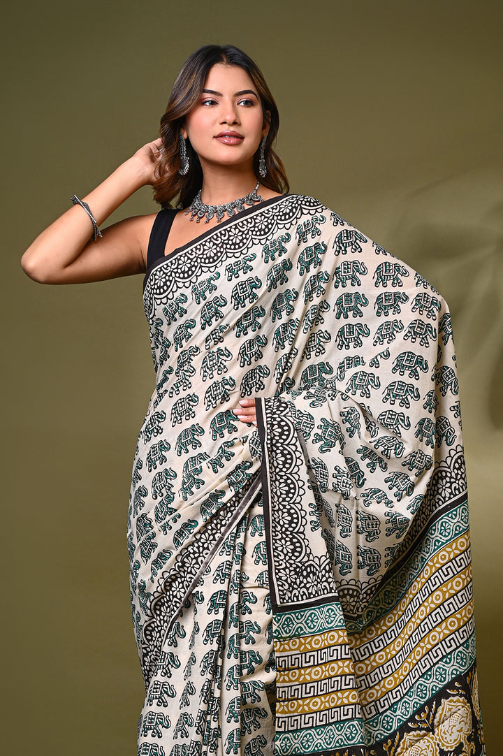 Handcrafted Bagru hand block print soft cotton saree with authentic black elephant print motifs and natural dye borders