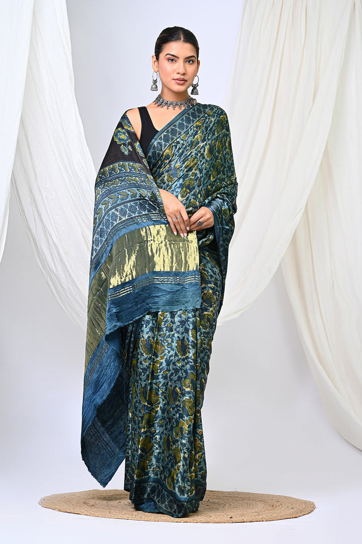 Authentic Rajasthani hand block printed Vanaspati print saree on soft fluid Modal Silk fabric, crafted by Bagru Hastkala Printers.