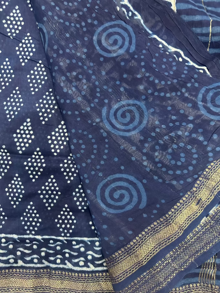 Indigo Blue Dabu Print Maheshwari Silk Saree with Traditional Hand-Block Floral Patterns and Zari Border