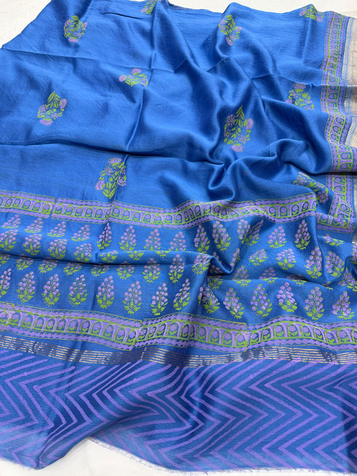 Hand block printed Maheshwari silk dupatta with intricate border from the blue buti suit set